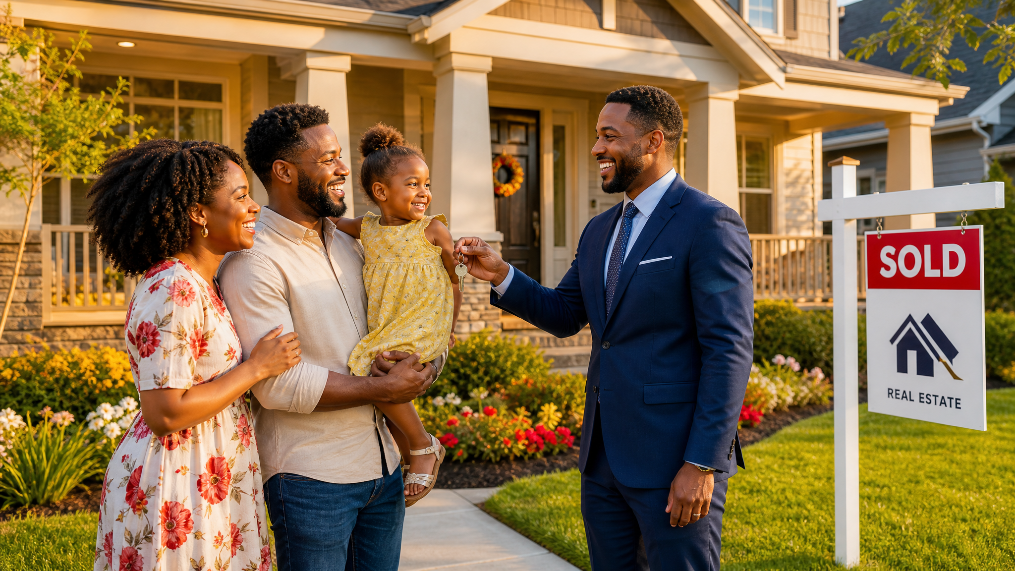 African American male real estate agent handing house keys to a happy African American family in front of their new home